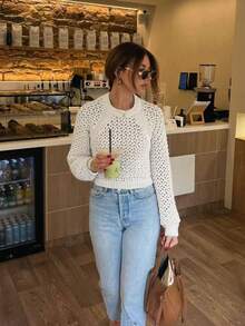Damen modischer, vielseitiger, eleganter einfarbiger Pullover mit Hohlmuster, runder Ausschnitt, Langarm, für den Urlaub, Weiß - Weiss - Übersicht 5