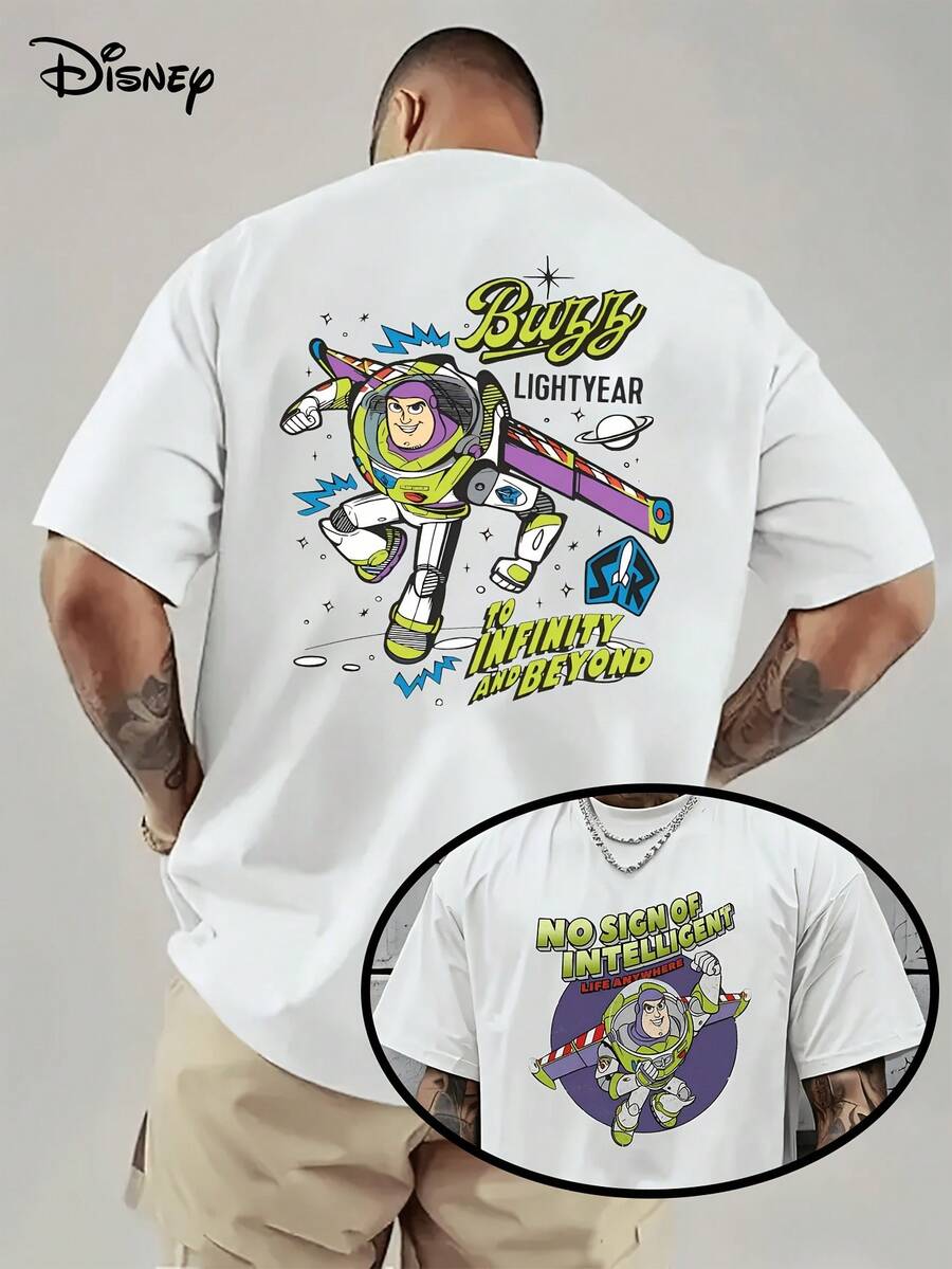 (Disney Licensed)Disney Toy Story Buzz Lightyear "To Infinity And Beyond" Retro Comic Style Front And Back Print Men's Oversized Crew Neck Short Sleeve Graphic T-Shirt, Nostalgic Fun Casual Streetwear Tee For Men Summer Daily Wear, Disney Officially Authorized Men's Short-Sleeved T-Shirts, Mens Clothes, Men, Ropa De Hombre, Summer Clothes, Men Shirts, Graphic Tees, Disney Outfits Men, Graphic Tees, Camisetas Para Hombre, Camisas Para Hombre, Summer Outfits For Men, Father's Day Gift, Perfect Gift For Family And Friends, Which Are Necessary For Birthday Parties, Disney Shirts, Mens Clothes, Summer Clothes, Officially Licensed Disney T-Shirts, Disney Men's And Women's Spring/Summer Fashion Casual Short-Sleeve T-Shirts - trắng - Xem 1