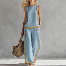 2026 New Sleeveless Contrasting Color Wide-Leg Pants Set Women's Summer Casual Fashion Two-Piece Set - Green - View 3