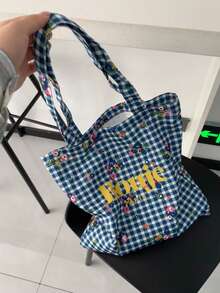 Túi tote đeo vai in họa tiết hoa của Niche Design, túi vải canvas kiểu Ins, kẻ caro xanh, thích hợp đi làm, đi chơi, mua sắm hàng ngày, dung tích lớn, có logo, túi vải canvas Hàn Quốc. - Nhiều màu - Xem 4
