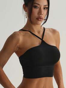 Women's Solid Color Removable Padded Criss-Cross Back Sports Knit Bra - Black - View 5