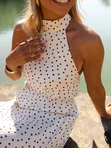 Elegant Women's Sleeveless Backless Polka Dot Maxi Dress, Perfect Summer Slip Dress Style Party ,Petite Women - Apricot - View 3
