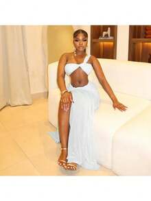 Vestido De Mujer De Color Sólido De Vacaciones Con Abertura De Cadera De Un Hombro, Conjunto De Dos Piezas Para Mujer - Blanco - Ver 3