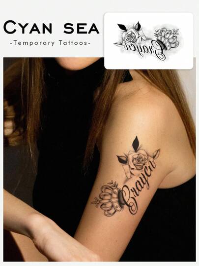 1 Sheet Of Tattoo Stickers, Sketch-Style Rose Crown Calligraphy English For Arms, Temporary Tattoo Stickers, Washable, PVC, Disposable, Waterproof And Sweatproof For Arms, Waist, Back, And Legs, Non-Reflective, Realistic Tattoo, Suitable For People, For Daily Use, Lasts 3-5 Days