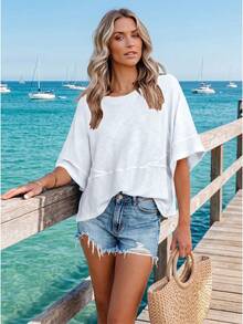 Womens Casual Polyester Asymmetrical Neck Half Sleeve Drop Shoulder Regular T-Shirt With Exposed Seam Details - trắng - Xem 2