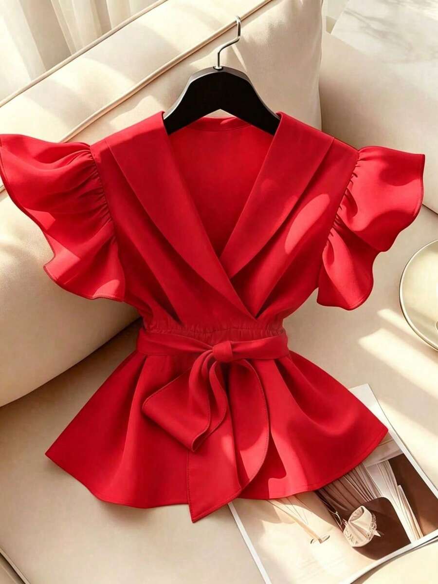 Elegant V-Neck Solid Ruffle Sleeve Tie Waist Blouse With Solid Sash Crossed Summer Red - Red - View 1