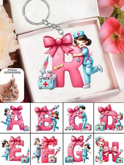 2D Flat A-Z Letters Cartoon Nurse Keychain, Nurse Pattern Pendant, Bag Charm, Creative Accessory, Car Keychain, Suitable For Nurse, Doctor, Medical Worker, Gift, Nurse's Day Gift, Mother's Day Gift