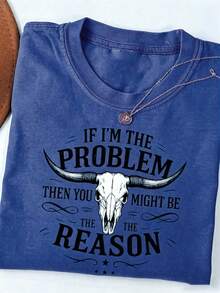 Unisex Washed Distressed T-Shirt Cotton Blend Casual Oversized Tee.Women'S Washed T-Shirt "If I Am Problem, Then You May Be The Reason" |   Weste - 藍色 - 查看 7