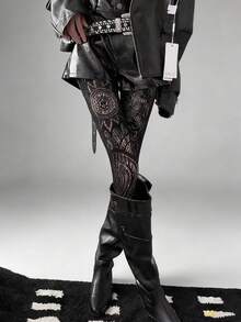 1件春夏日系现代暗黑蕾丝镂空图腾连裤袜，哥特朋克亚文化靴子设计连裤袜，复古Y2K时尚连裤袜洛丽塔打底裤/成熟女士性感渔网袜/独特纯粹欲望 - 彩色 - 查看 4