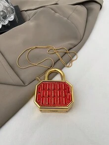 1个新款迷你金属小包，电镀银色零钱包，闪亮前卫金属不对称水钻手提包，钻石闪耀链条斜挎包，不对称手提包，配件收纳袋，优雅零钱包，耳机盒，婚礼配饰 - 紅色 - 查看 6