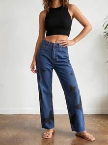 Women's Butterfly Print Straight Leg Jeans - Raw Hem Ankle Denim Pants With 5-Pocket Design For Feminine Streetwear Style (Comfortable Cropped Fit) ﻿ - Dark Wash - View 5