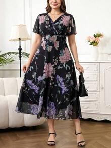 Reflora Vestido de mujer talla grande con base roja, lunares blancos y malla fruncida en la cintura, elegante atuendo romántico para el Día de San Valentín, primavera - Multicolor - Ver 4