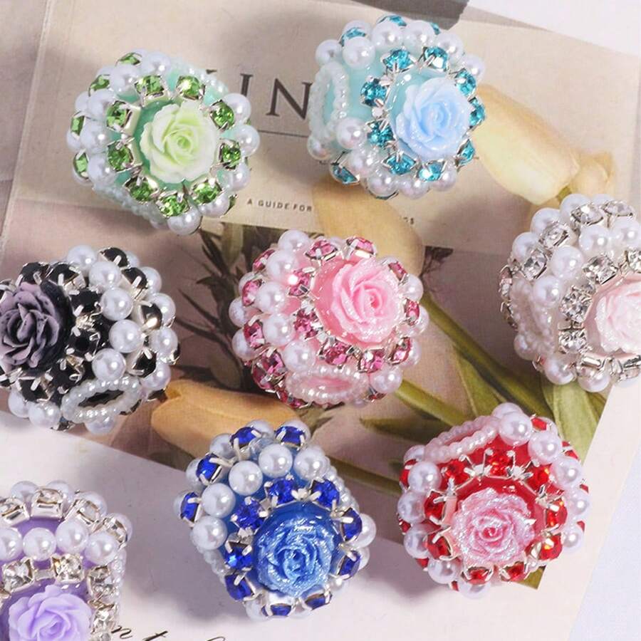 5颗夜光仿珍珠玫瑰花珠,适用于DIY手机挂绳、钥匙扣、包链和其他珠宝配件 - 混合顏色 - 查看 1