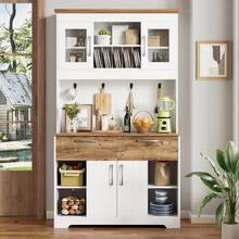 Large Kitchen Sideboard With Storage Space, Kitchen Cabinet With Glass-Fronted Compartments, 2 Drawers, Doors And Hanging Rail – Modern Sideboard For Kitchen, Dining Room And Entryway, 106 * 39 * 176.5 Cm - 查看 1