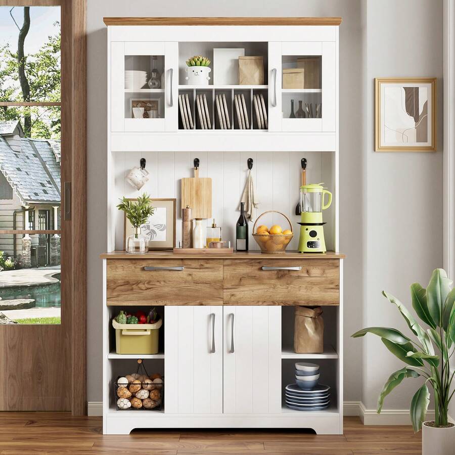 Large Kitchen Sideboard With Storage Space, Kitchen Cabinet With Glass-Fronted Compartments, 2 Drawers, Doors And Hanging Rail – Modern Sideboard For Kitchen, Dining Room And Entryway, 106 * 39 * 176.5 Cm - 查看 1