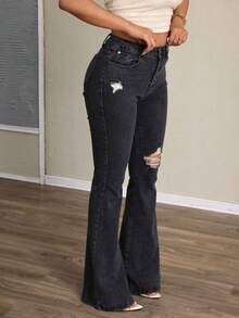 Black And Gray Washed Flared Denim Trousers With Rips, Mid-Rise, Slim Fit And Stretchy - Grey - View 4