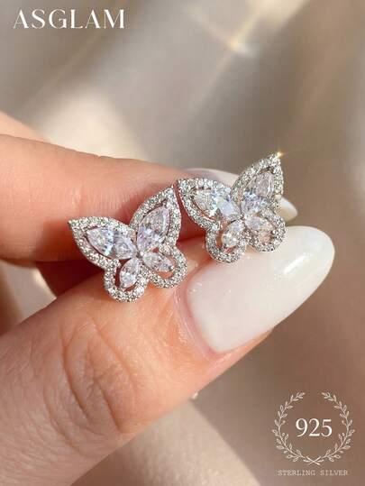 1 paar elegante holle vlinderoorbellen met zirkonia, sieraden van 925 sterling zilver, delicate oorbellen, prachtige sieraden, cadeau voor meisjes, decoratie voor dagelijkse afspraakjes, accessoires voor een galafeest