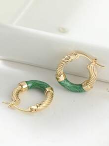 Vintage Gold & Green Geometric Bohemian Style Hoop Earrings, Delicate Minimalist Small Hoop Earrings For Women - Gold - View 2