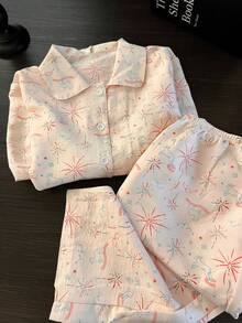 Random Print Soft & Sweet Long Sleeve Pajama Set For Women - Apricot - View 3