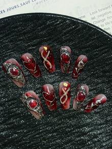 10 piezas de uñas postizas cortas de almendra con diseño metálico rojo cromado, pintadas a mano en estilo Y2K, con 3 piezas de herramientas de arte de uñas, pegamento para uñas y suministros de uñas postizas para mujeres y niñas para fiestas, viajes, escuela diaria, Halloween, uñas góticas y estilo Y2K - Multicolor - Ver 2