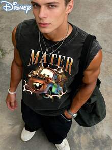 Disney Officially Licensed Sleeveless Graphic Tees, 100 Percent Cotton, Cars Tow Mater Lightning Sleeveless T-Shirt, Men's, Washed 230g, Retro Vintage, Crew Neck, Comfortable - 黑色 - 查看 1