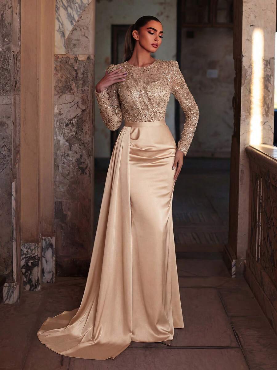 Faeriesty Đầm dạ hội dài tay đính sequin dáng đuôi cá sang trọng dành cho nữ, cổ tròn, lấp lánh, thích hợp cho đám cưới và tiệc tùng.