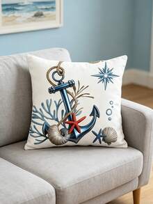 2 Packs 45x45cm Nautical Coastal Throw Pillow Covers Set, Simulation Silk Smooth Silky 3D Stereo Anchor Ship Wheel Marine Print Cushion Cases, Ocean Beach Starfish Coral Seahorse Decorative Pillow Covers (No Insert) For Sofa Couch Living Room Bedroom Patio All Season Home Decoration - Multicolor - View 4