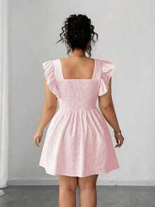 Vestido de verano de talla grande para mujer, con cintura ceñida, volantes en las mangas y estampado jacquard de unicolor, elegante estilo vacacional - Rosa - Ver 2