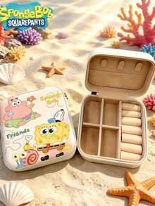 SpongeBob SquarePants 1 pieza Caja de joyería de cuero con 4 compartimentos con temática de Bob Esponja, caja de almacenamiento de joyería de escritorio de lujo con múltiples compartimentos, ranuras para tarjetas y estilo de anime de Bob Esponja en colores aleatorios, caja de almacenamiento portátil y apilable para joyas, pendientes, collares, pulseras y accesorios, caja de almacenamiento esencial para damas - Multicolor - Ver 2