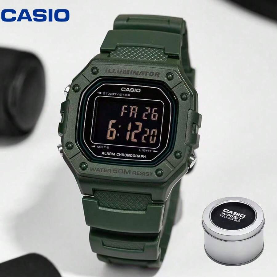 Đồng hồ kỹ thuật số Casio W-218H-3B màu xanh quân đội cổ điển hình vuông, chống nước 50M, có đèn LED, dành cho học sinh.