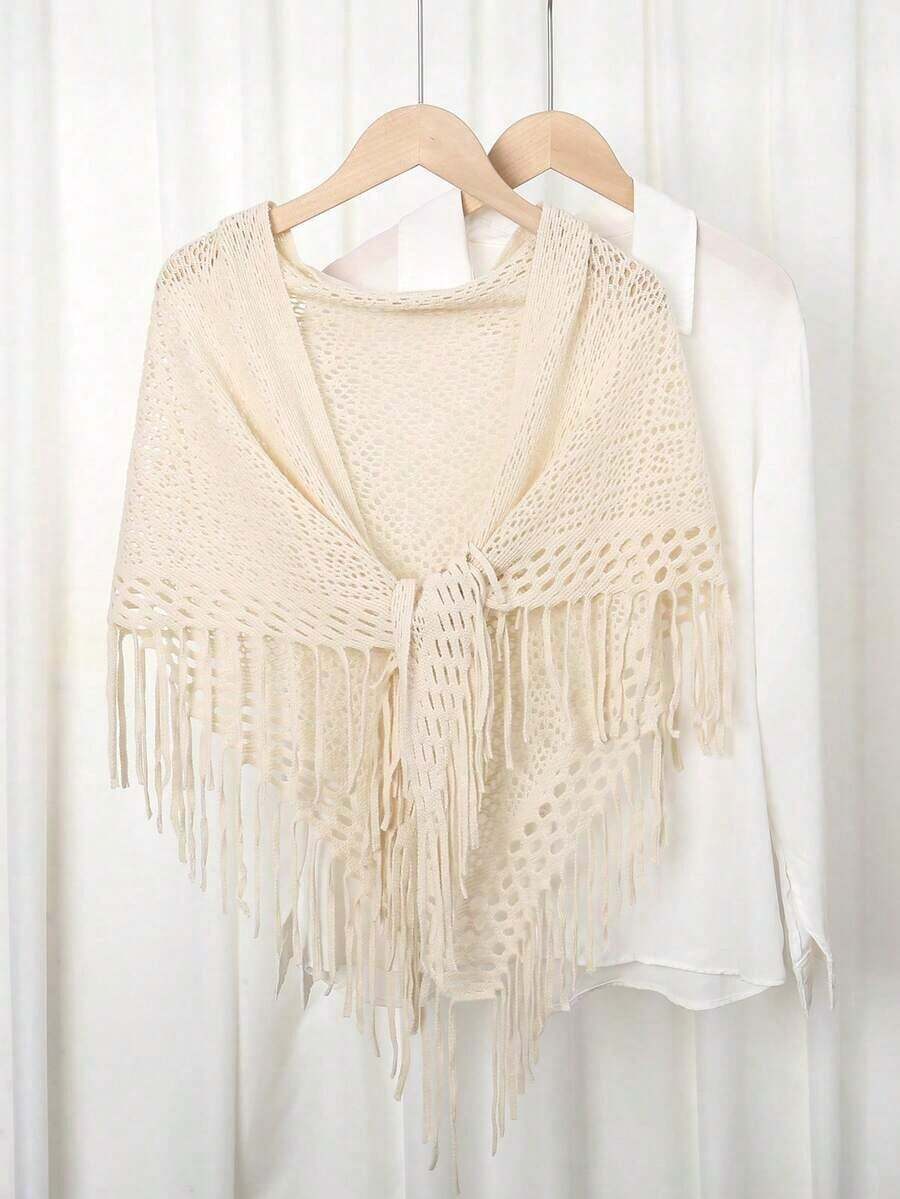 1pc Women's Solid Color Triangular Tassel Knit Scarf Shawl, Autumn/Winter For Dress - 02-màu be - Xem 1