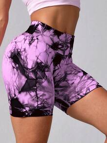 NcmRyu 1pc Women High Waist Seamless Elastic Tie-Dye Sports Fitted Shorts - Pink - View 8