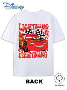 Unisex 100% Cotton T-Shirt For Teenagers. Disney Cars Lightning McQueen Cartoon Print. American Retro Racing Style. 100% Pure Cotton, Breathable And Skin-Friendly. Loose, Drop-Shoulder Design, Flattering For All Body Types. Suitable For Everyday Wear, School, Commuting, And Casual Occasions. Unisex Crew Neck Short-Sleeved Top For Summer. - 白色 - 查看 3