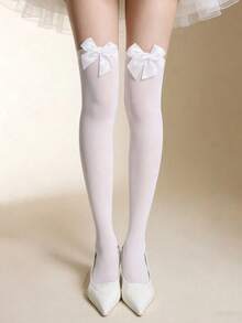 1 par de calcetines por encima de la rodilla con detalle de lazo transparente para mujeres - Blanco - Ver 7