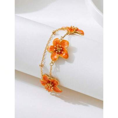 1pc Summer Vacation Style Elegant Orange Ombre Floral Design Double Layer Five-Petal Flower Bracelet For Women, Wedding Gift (Ha