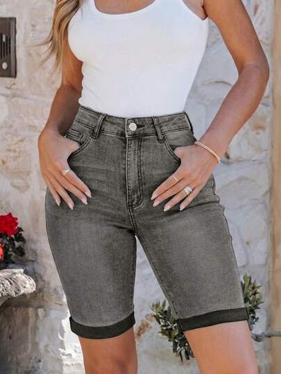 舒适女士中等弹力牛仔短裤，休闲黑色百慕大短裤，直筒裤型，拉链门襟