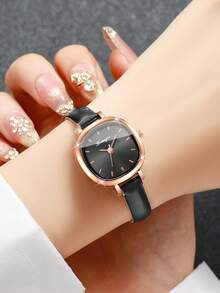 1 chiếc đồng hồ đeo tay nữ thời trang tối giản mặt vuông nhỏ, kiểu dáng cổ điển, máy quartz, phong cách thanh lịch (Không bao gồm hộp đựng đồng hồ) - màu đen - Xem 4