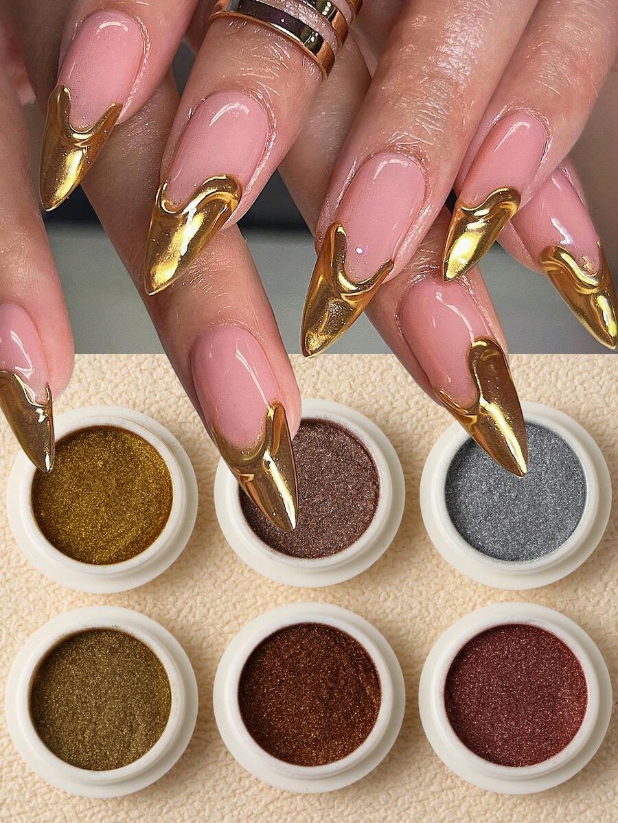 6pcs Gold Silver Nail Powder Pigment Mirror Metallic Rubbing Nail Art Glitter Dust Decorations - Multicolor - View 1