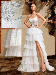 White Multilayer Flowing Lace Tiered A-Line Wedding Dress, Spring/Summer - White - View 2