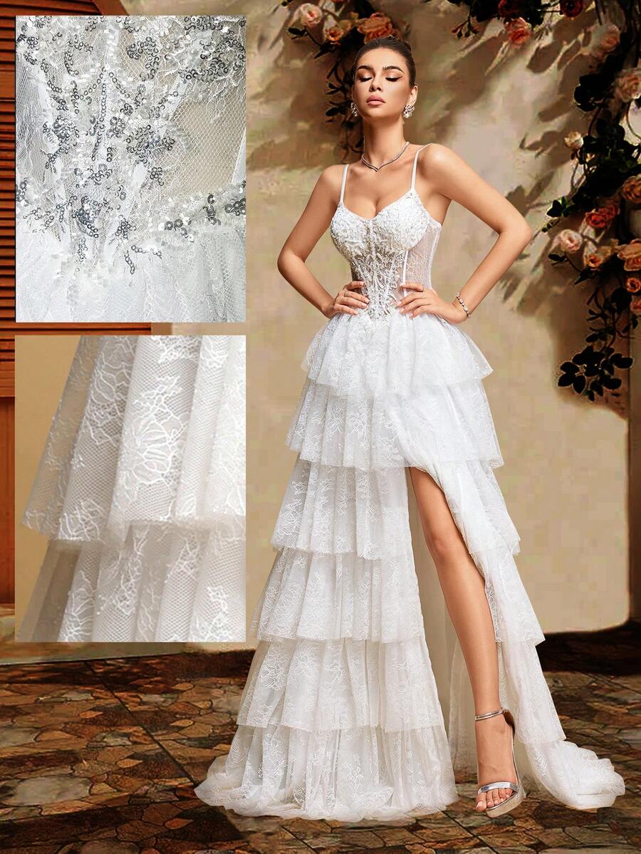 White Multilayer Flowing Lace Tiered A-Line Wedding Dress, Spring/Summer
