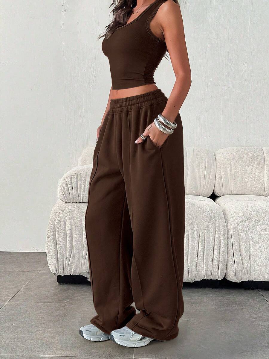 Women's Casual Loose Plain Color Elastic Waist Sweatpants With Pockets Winter - Coffee Brown - View 1