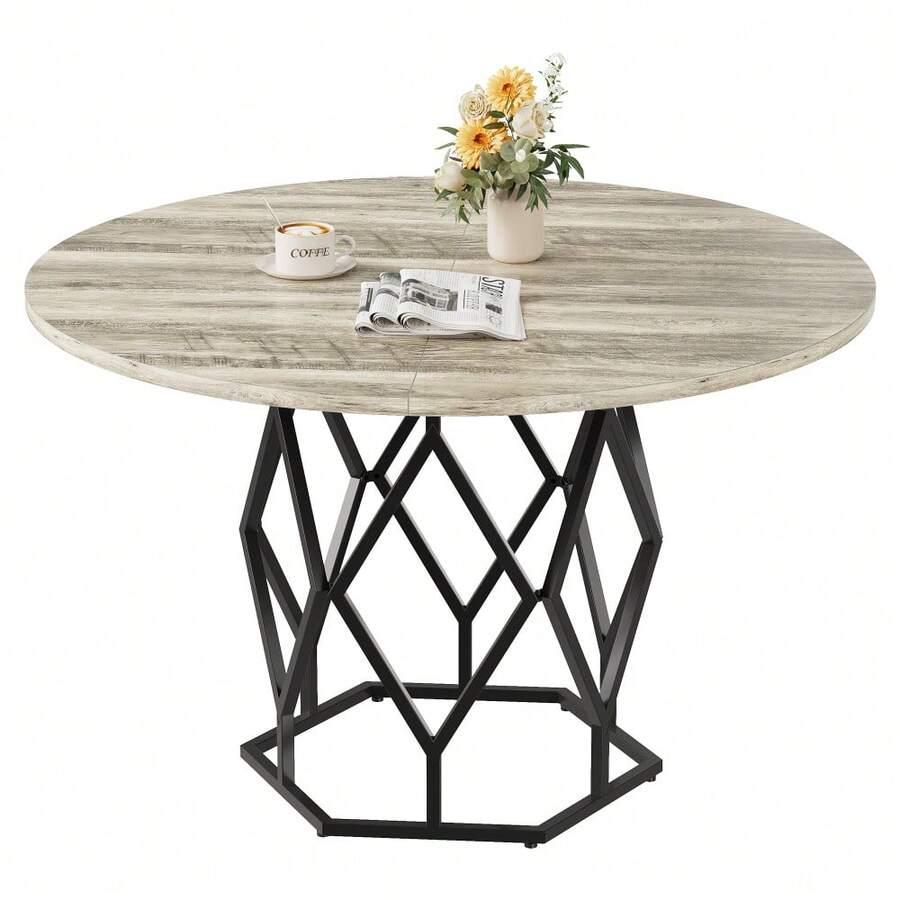 Mesa de comedor redonda estilo granja moderna para 4-6 personas – Base de metal resistente de 47 pulgadas – Mesa de madera para restaurante o hogar – Ideal para comedores y cafeterías. - Hierro negro + Gris - Ver 1