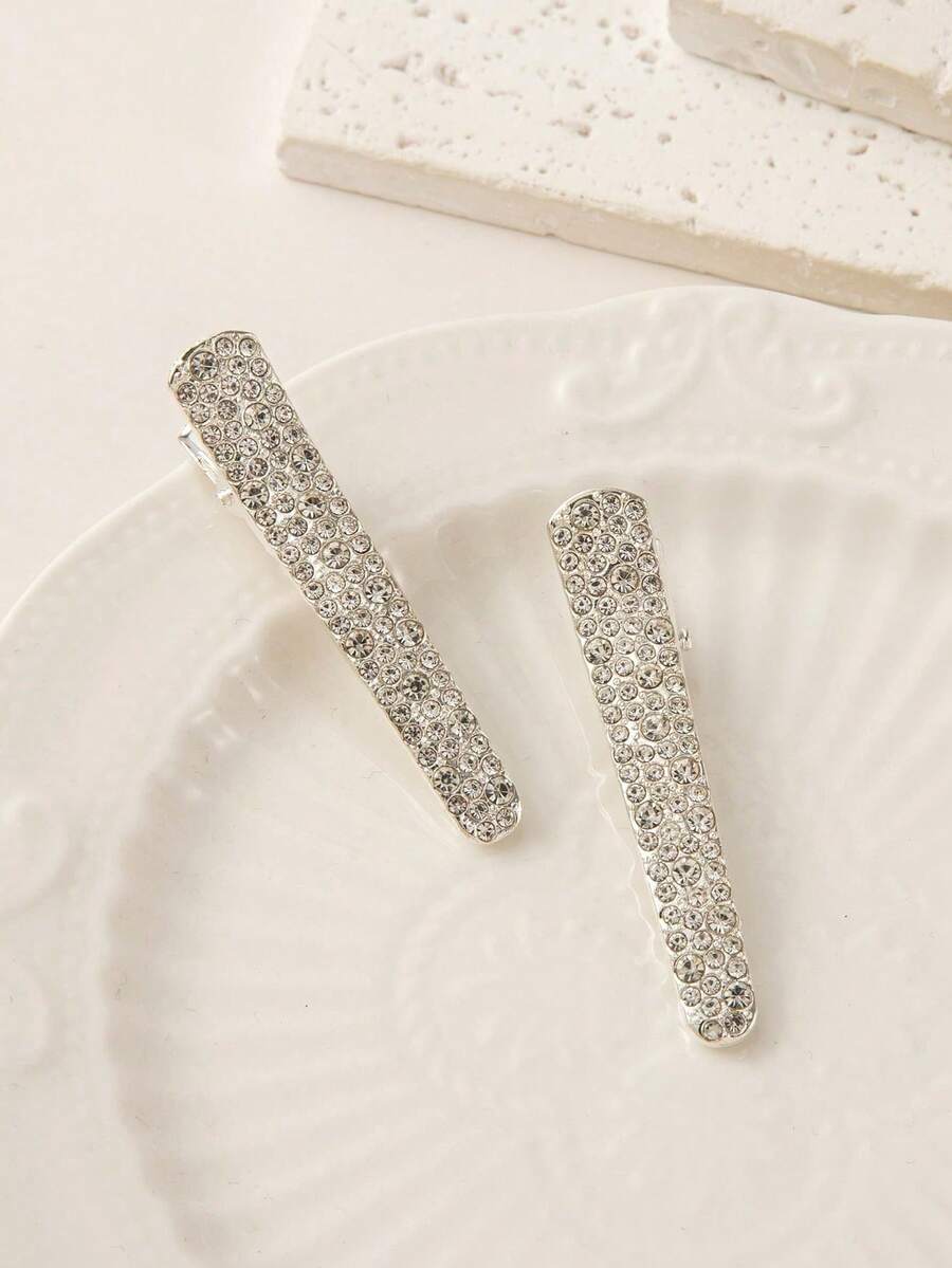 2pcs Crystal Rhinestone Invisible Hair Clips, Suitable For Festivals, Daily Wear, And Parties - Silver - View 1