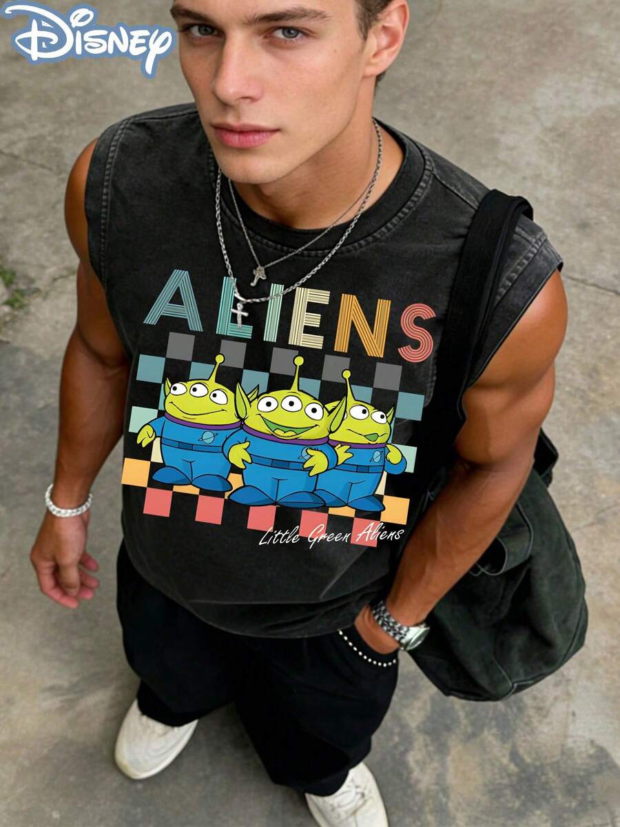 Disney Toy Story Aliens Officially Licensed Men's Sleeveless Graphic Tee, 100% Cotton 230g Washed Vintage Casual Shirt - 黑色 - 查看 1
