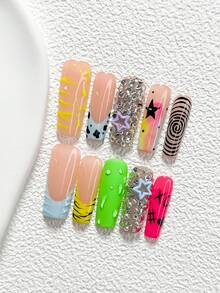 10Pcs Y2K Style Handmade Nail Art Set,Unghie Press On,Hollow Out Star Nail Art Accessories,Lines, Stars, Polka Dots Nail Art Decorations,Green, Blue, Pink And Yellow Nail Polish,Sweet And Edgy Style,Comes With Nail Tools(1 Sheets Jelly Stickers+1PC Nail File)3 Sizes Available,Almond Nails, Duck Nails,Coffin Nails,Suitable For Reunion,Daily,Party,Photograph,Play,Spring Summer,Commute Supplies Nails - Nhiều màu - Xem 14