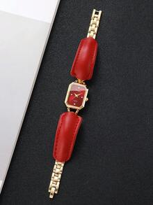 1件女士时尚简约方形水晶表盘石英腕表，经典优雅（不含表盒） - 紅色 - 查看 7