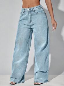 Quần jeans nữ cạp thấp ống rộng màu xanh dương dáng suông, túi xéo, kiểu dáng thường ngày. - Màu xanh lam - Xem 4