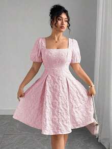 Vestidos elegantes de manga abombada con cuello cuadrado y estampado floral jacquard para mujer de talla grande. Vestidos elegantes, vestidos cortos de mujer para cumpleaños, vestidos de verano para el trabajo y el verano. - Rosa - Ver 11