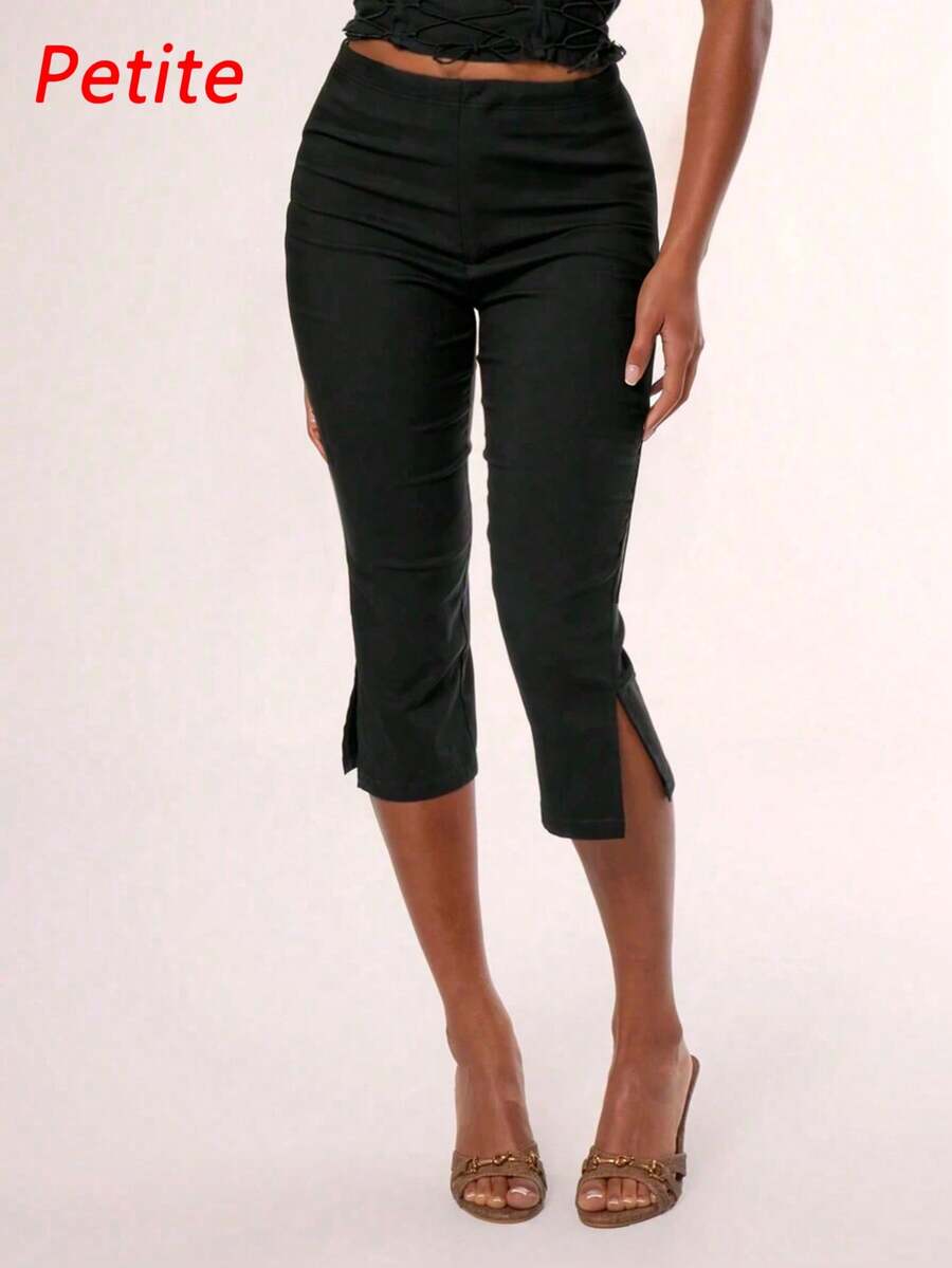 Women's Black Fabric Mid-Length Pants With Slit Detail, Regular Fit, Stretchy Cropped Trousers - Black - View 1