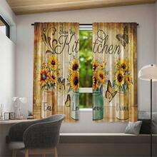 2pcs Retro Countryside Sunflower Pattern Semi-Blackout Bedroom Curtains, Punch-Free Rod Pocket Design, Easy To Install, Smooth Sliding. Country Style Curtains For Living Room And Kitchen, Suitable For Home Decoration, Room Decoration And House Partition. Made Of Polyester, Machine Washable And Hand Washable - Multicolor - View 13